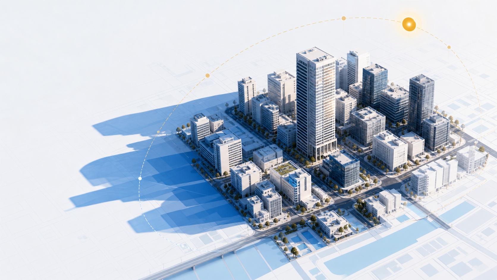都市の3D建物モデルに冬の日影が投影されるシミュレーションイメージ